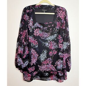 Lane Bryant Black Floral Sheer Long Sleeve Ladder Stitch Details Top Blouse 16
